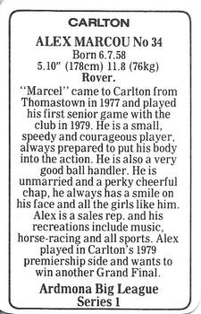 1981 Ardmona Big League Series 1 Carlton Blues (VFL) #NNO Alex Marcou Back